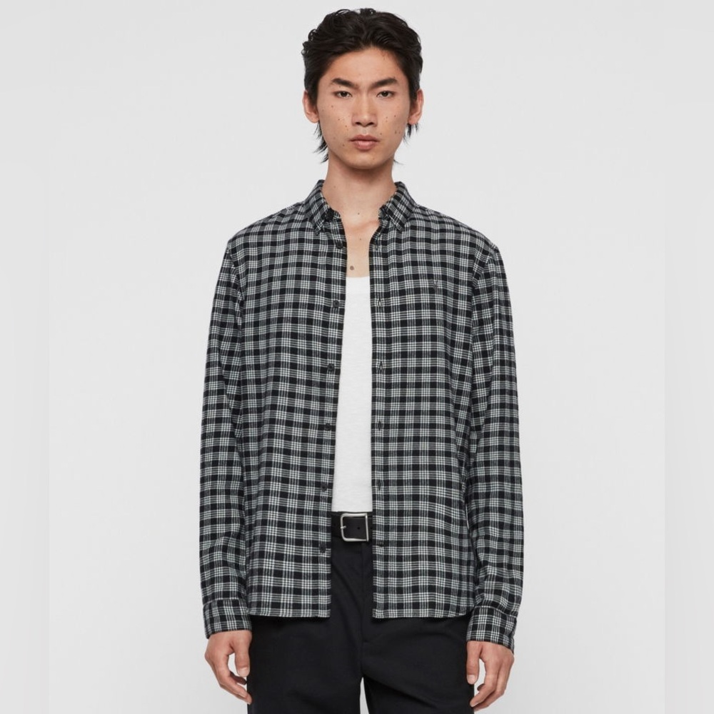 ALL SAINTS PETRO FLANNEL LONG SLEEVE SHIRT - BLACK/WHITE SIZE MEDIUM (PREOWNED)